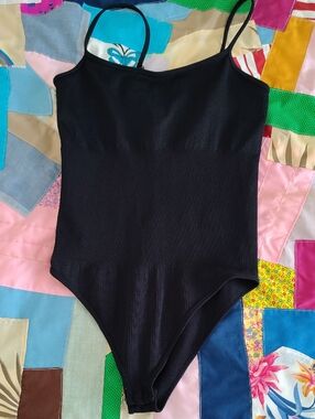 Black Ribbed Spaghetti-Strap Bodysuit